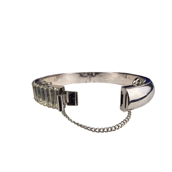 Vintage Silver Tone Womens Hinged Bracelet With Baguette-Cut Glass Accents - Picture 3 of 5